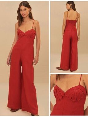 FARM Rio NWT Red Petals Cup Linen Jumpsuit size Small Appliqué Flower